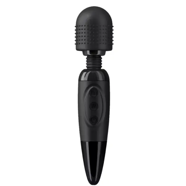 The Quiet Wand Vibrator-Quiet Bliss in sleek midnight black contrasts its matte-finish handle with a ribbed, noise-dampening silicone head. Its single-button interface and compact form factor emphasize discretion and ease of use for relaxing, full-body relief.
