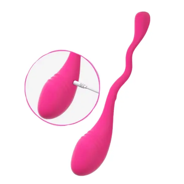 Close-up of the G-spot Egg Vibrator – SpotOn with a charging cable plugged into the main body, emphasizing its rechargeable design.