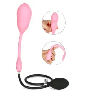 The Airvea inflatable curve love egg vibrator in soft pink silicone with a black hand pump, shown with insets of it being held and bent to display flexibility.