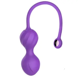 Amivra Bluetooth Kegel egg in deep purple with dual rounded weights, swirl texture, and flexible retrieval cord with a metallic accent tip.