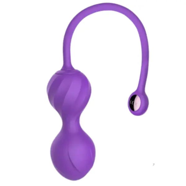 Amivra Bluetooth Kegel egg in deep purple with dual rounded weights, swirl texture, and flexible retrieval cord with a metallic accent tip.