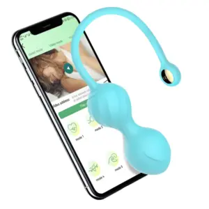 Blue version of the Amivra Bluetooth Kegel egg placed over a smartphone screen displaying control modes, demonstrating app integration.