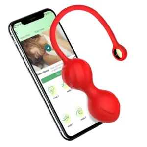 Vivid red Amivra Kegel egg showcased above a phone interface, emphasizing customizable vibration patterns through Bluetooth connectivity.