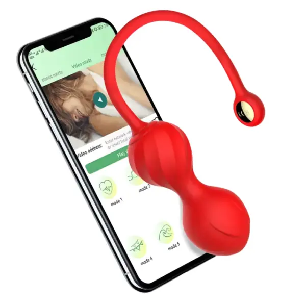Vivid red Amivra Kegel egg showcased above a phone interface, emphasizing customizable vibration patterns through Bluetooth connectivity.