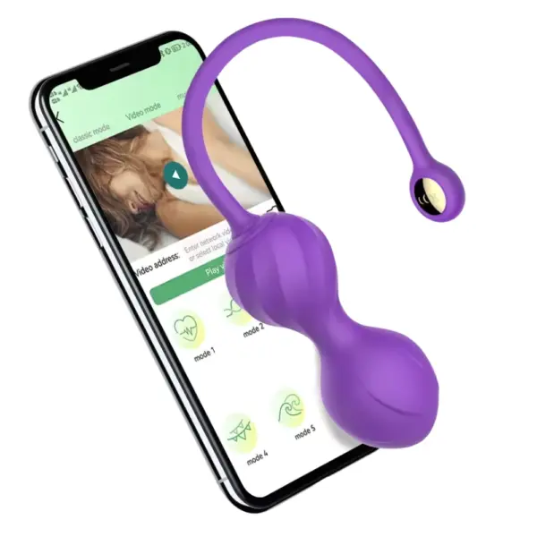 Purple Amivra Kegel egg pictured with smartphone displaying multiple vibration modes, reinforcing its app-controlled features and wearable design.