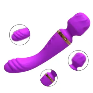 The Amoria Wand Vibrator displayed with close-up insets of its textured wand head, ribbed shaft, and gold-trimmed controls along the handle.