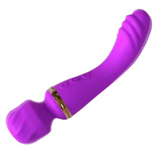 Curved side view of the Amoria Vibrator showing the textured internal end and contoured wand head, designed for dual-purpose stimulation.