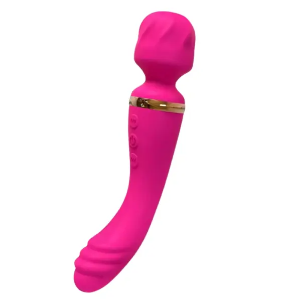 The Amoria Ribbed Wand Vibrator in bright pink, featuring the same curved design, ribbed shaft, and flexible head accentuated with gold detailing.
