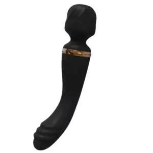 The Amoria Wand Vibrator in matte black with gold accent band, offering a sophisticated look with textured ridges and a flexible wand head.