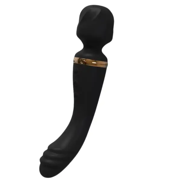 The Amoria Wand Vibrator in matte black with gold accent band, offering a sophisticated look with textured ridges and a flexible wand head.
