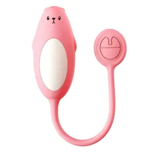 Front view of the Beamara Bluetooth Vibe Egg shaped like a cute pink bear with a white belly and an attached circular remote.