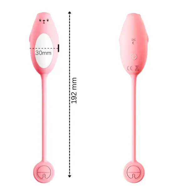 Front and back of the Beamara bear-shaped vibrator shown with dimensions labeled as 192mm long and 30mm wide, emphasizing compact and ergonomic sizing.