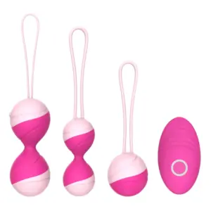 The Benessia Kegel training love egg set in pink, featuring three progressively sized Kegel balls with retrieval loops and a coordinating textured remote control.