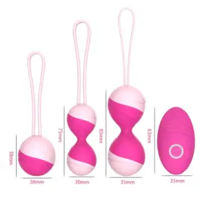 Size comparison of the Benessia Kegel balls and remote, with labeled measurements for each silicone piece in millimeters, showcasing their ergonomic design and variety.