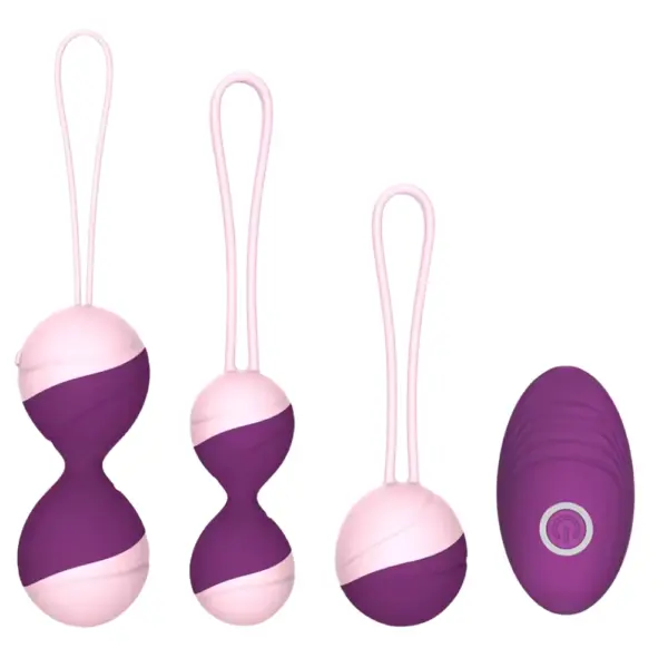 Benessia love egg set in deep purple and light pink tones, with three Kegel balls and a remote designed for progressive pelvic floor training.