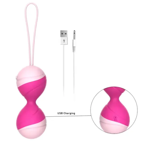 Close-up of the double ball Benessia Kegel trainer beside its USB charging cable, with an inset showing the charging port on the toy's pink silicone surface.