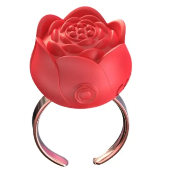 Close-up of the Bloomé Discreet Clitoral Stimulator Ring in vibrant red, designed like a blooming rose with a sleek adjustable band.