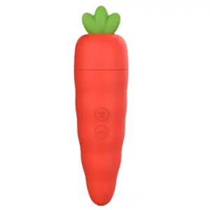 The Bunira Carrot Shaped Clit Sucker shown from the front, featuring a smooth silicone carrot design with green leafy top and two control buttons.