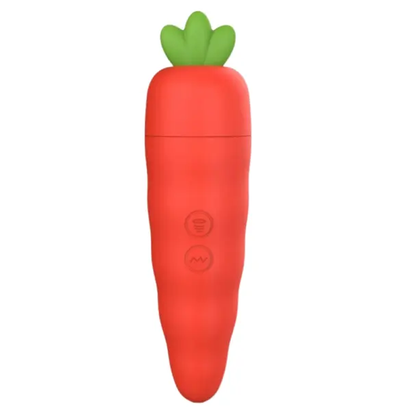 The Bunira Carrot Shaped Clit Sucker shown from the front, featuring a smooth silicone carrot design with green leafy top and two control buttons.