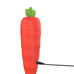 Rear view of the Bunira Carrot Shaped Clit Sucker showing a charging cable plugged into the base, emphasizing its discreet and rechargeable design.