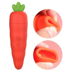 The Bunira Carrot Shaped Clit Sucker with two close-up insets displaying the soft, flexible suction nozzle and textured inner cavity for targeted stimulation.