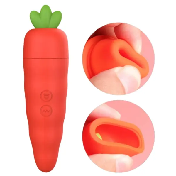The Bunira Carrot Shaped Clit Sucker with two close-up insets displaying the soft, flexible suction nozzle and textured inner cavity for targeted stimulation.