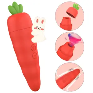 A playful graphic of the Bunira Carrot Shaped Clit Sucker with a cartoon bunny, showing its suction tip, vibrating body, and removable top in detailed callouts.