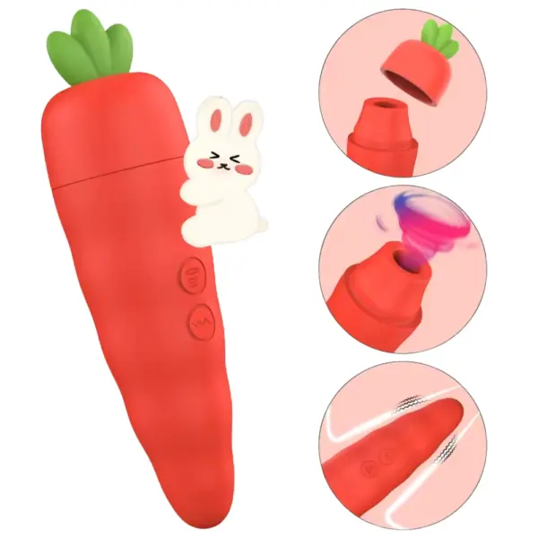 A playful graphic of the Bunira Carrot Shaped Clit Sucker with a cartoon bunny, showing its suction tip, vibrating body, and removable top in detailed callouts.