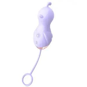 Side angle of the Curvisa vibe egg in soft lavender, shaped like a plump bird with a flicking tip, power button on the body, and flexible retrieval ring.