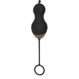 Black version of the Curvisa vibe egg, showing its bird-inspired curves, flicking tip, gold-trimmed base, and flexible silicone ring tail.