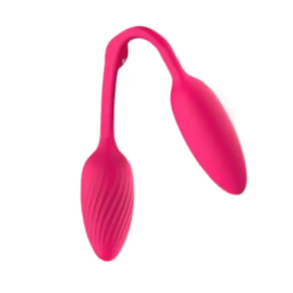 Side view of the Duetiva love egg vibrator emphasizing its slim, curved design with a flexible connection and contrasting textures for versatile internal or external use.