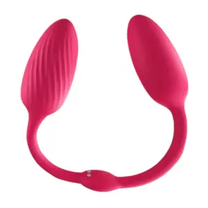 Duetiva dual-end love egg vibrator displayed in an open U-shape, with a smooth bulb on one side and a ribbed textured egg on the other, joined by a flexible silicone bridge.