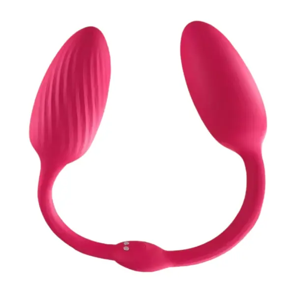 Duetiva dual-end love egg vibrator displayed in an open U-shape, with a smooth bulb on one side and a ribbed textured egg on the other, joined by a flexible silicone bridge.