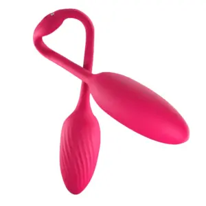 The Duetiva vibrator shown in a twisted figure-eight layout, featuring two connected silicone ends—one smooth and oval-shaped, the other with a ribbed texture for added stimulation.
