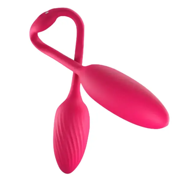 The Duetiva vibrator shown in a twisted figure-eight layout, featuring two connected silicone ends—one smooth and oval-shaped, the other with a ribbed texture for added stimulation.