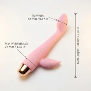 DuoGlow rechargeable dual stimulator in pink showing measurements of 190mm total length, 12mm tip width, and 27mm max width with dual stimulation design