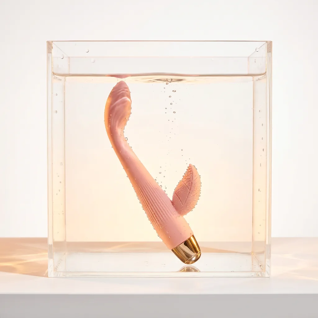 DuoGlow rechargeable dual stimulator in pink submerged in water, showcasing waterproof design with curved shaft and external stimulator arm