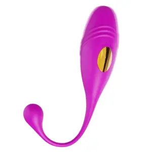 The Elongra long stem love egg in bright purple silicone featuring a smooth golden control button and extended flexible stem.