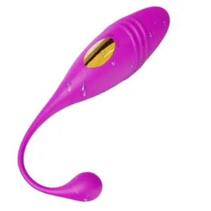 The Elongra long stem love egg shown with water droplets on its purple silicone body, highlighting its waterproof design.