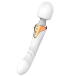 The Erosva Wand Massager in a sleek white finish with a gold-accented control panel, featuring a rounded wand head and contoured shaft with flicking motion.
