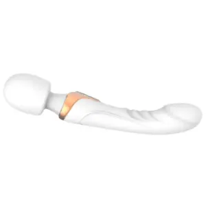 Side view of the Erosva Flicking Shaft Wand Massager showing its ergonomic curve, textured shaft, and soft-touch silicone finish.
