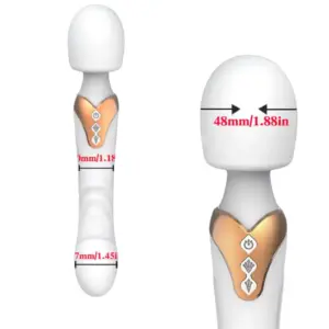 The Erosva Massager shown with labeled measurements of 30mm and 37mm for the shaft and 48mm for the wand head, alongside a front view of the control buttons.