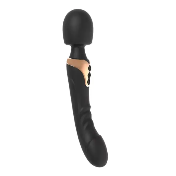The Erosva Wand in a black finish with gold detailing, featuring the same flicking shaft design and curved silhouette for versatile pleasure.