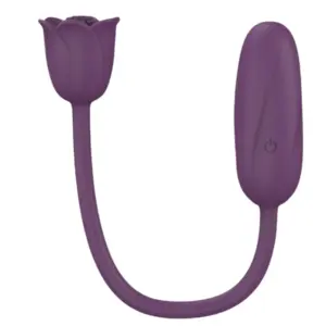 Rosavibe shown in deep plum purple color, retaining the tulip-shaped stimulator and long flexible stem connected to the control base.