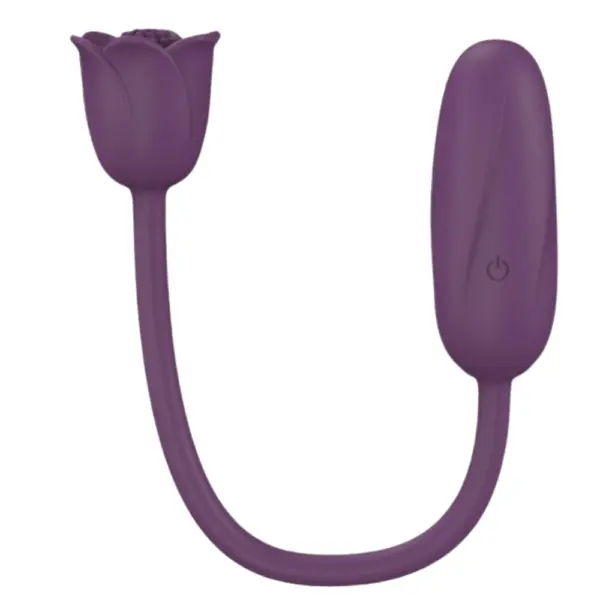 Rosavibe shown in deep plum purple color, retaining the tulip-shaped stimulator and long flexible stem connected to the control base.