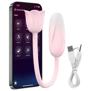 Rosavibe vibrator shown next to a smartphone displaying control modes and a USB charging cable, emphasizing its app compatibility and rechargeable function.