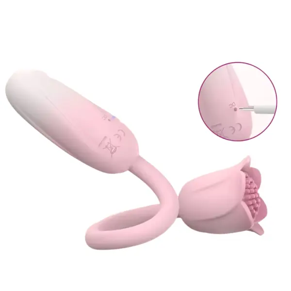 Close-up of Rosavibe’s charging port and included cable, with soft curves and flexible stem design visible for ease of use.