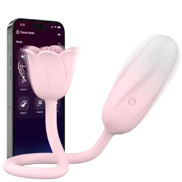 Rosavibe shown mid-vibration with animated motion lines and smartphone app in background, highlighting interactive features and vibration patterns.