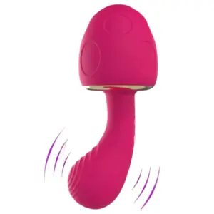 Vibrating Smurfettea Mushroom Shaped G-Spot Stimulator shown mid-motion, highlighting its curved, textured body and flexible stimulation point.