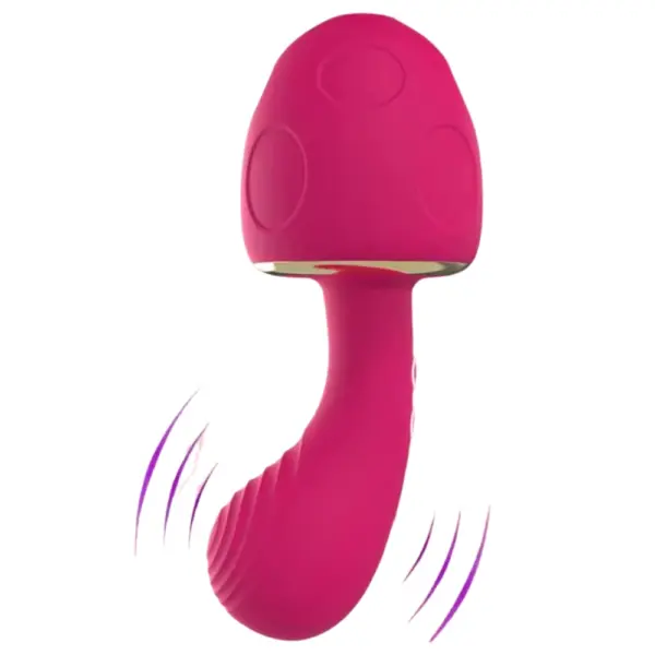 Vibrating Smurfettea Mushroom Shaped G-Spot Stimulator shown mid-motion, highlighting its curved, textured body and flexible stimulation point.